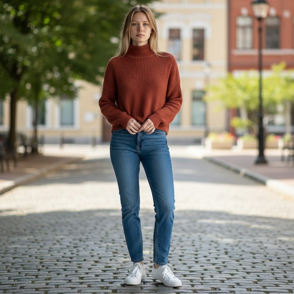 Anthropologie Maeve Mackenzie Chunky Knit Ribbed Mock Neck Sweater Rust Small
